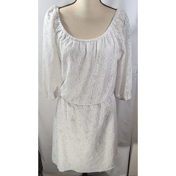 Free 2 Luv Lace Lined Dress White Floral Print 3/4 Sleeve Detail Womans Size 1X - Picture 1 of 16